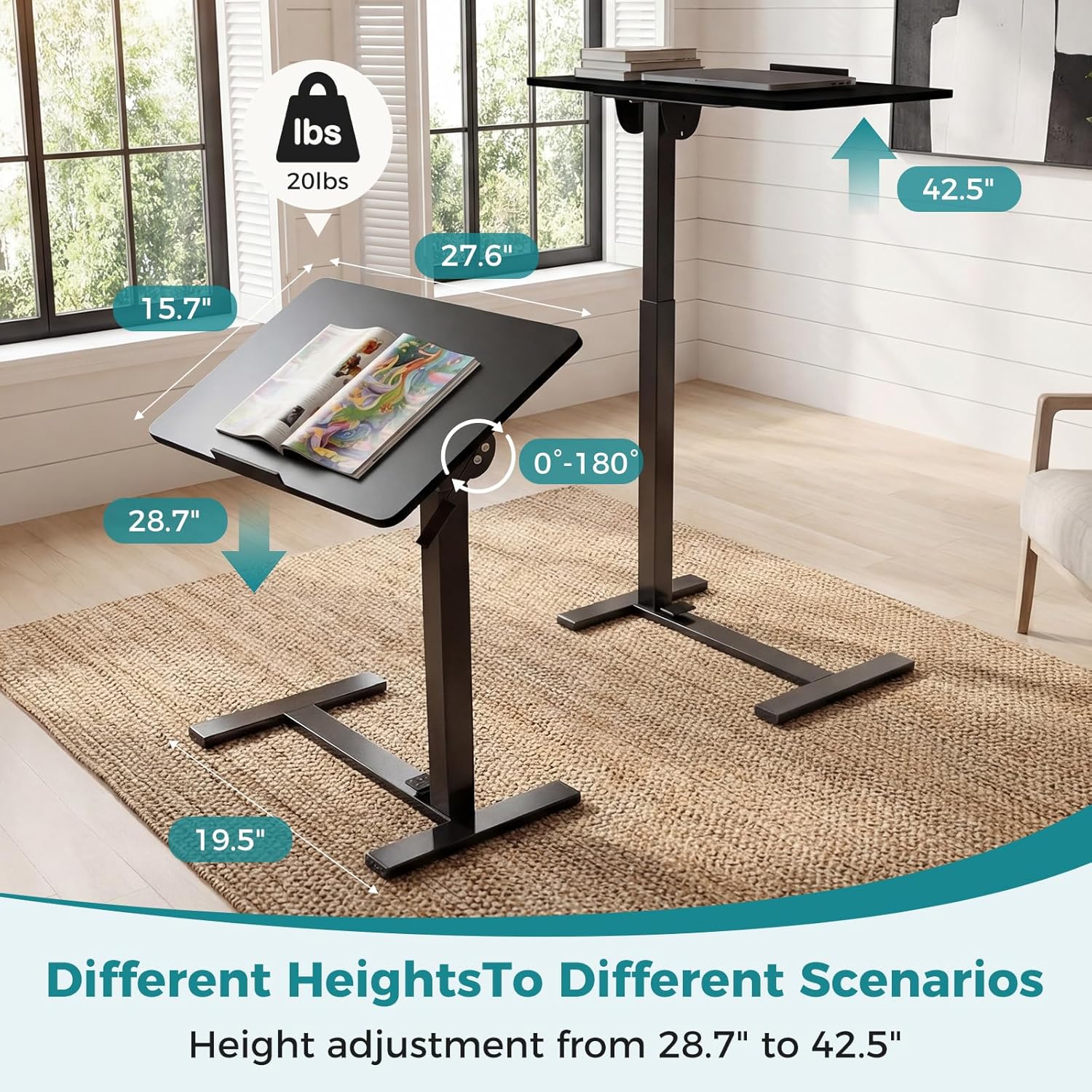 Mobile Standing Desk, Height-Adjustable Computer Cart with Pneumatic Lift, Portable Computer Workstation Cart for Bed, Couch, Office, Sofa, Black