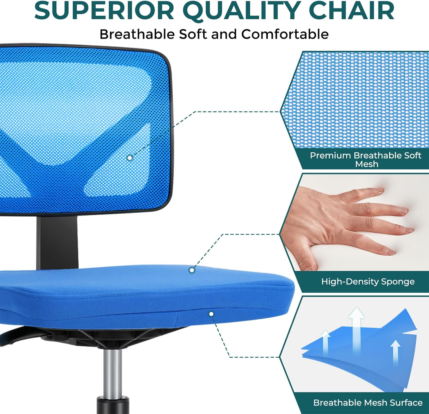 Armless Desk Chairs Set of 2, Ergonomic Adjustable Home Office Swivel Rolling Task Chair No Arms, Comfy Mesh Mid Back Computer Work Vanity Desk Chiars with Wheels for Small Spaces, Blue