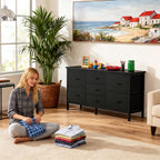TV Stand 7 Drawer Dresser for Bedroom with Storage TV Stands for Living Room Black, Farmhouse Entertainment Center Media Console Table with Metal Frame Adjustable Feet