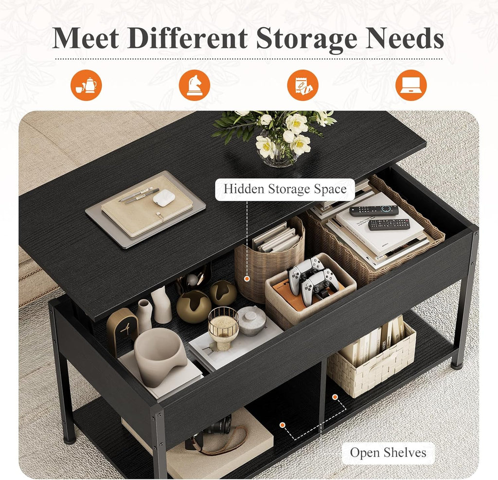 Lift Top Coffee Table with Storage 39 Center Table with Hidden Compartment & 2 Shelves Farmhouse, Wood Coffee Table for Living Room with Sturdy Lift-Top Adjustable Feet Rust Dark
