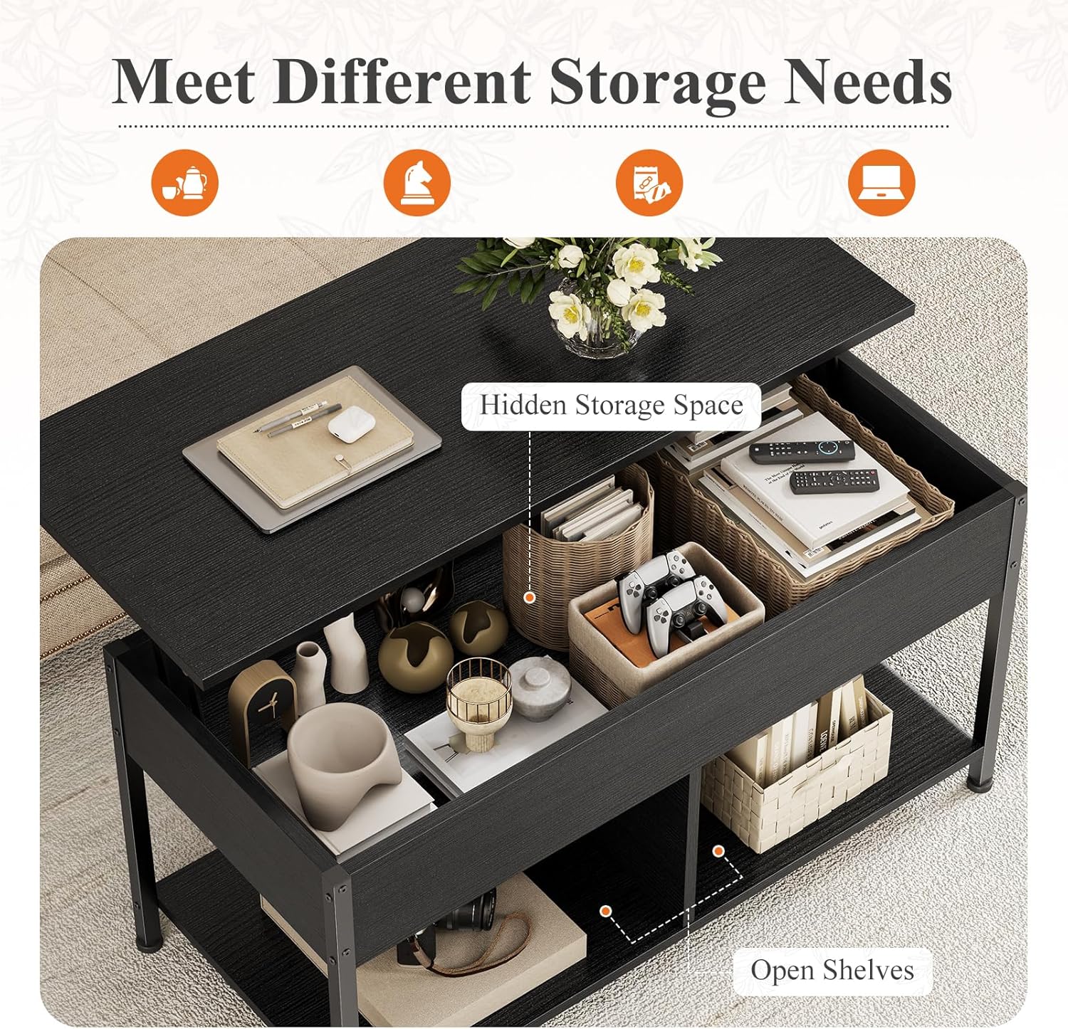 Lift Top Coffee Table with Storage 39 Center Table with Hidden Compartment & 2 Shelves Farmhouse, Wood Coffee Table for Living Room with Sturdy Lift-Top Adjustable Feet Rust Dark