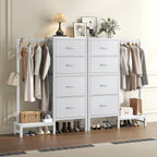 Dresser with Hanging Rack, 4-in-1 White Fabric Dresser for Bedroom, Closet Organizer with Clothes Rack, Shoe Rack & Hooks, Tall Storage Tower for Small Spaces, Apartment, Dorm, Entryway