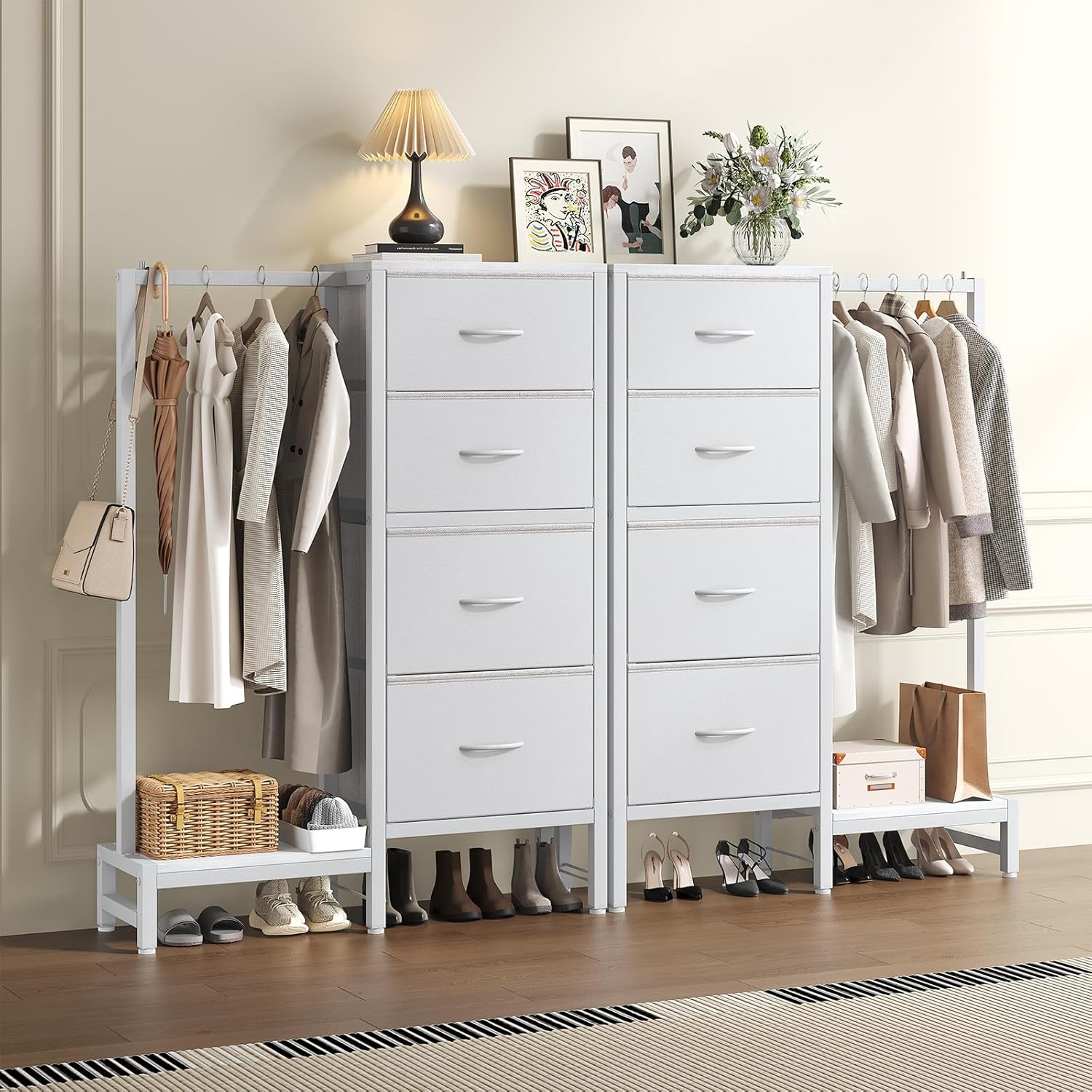 Dresser with Hanging Rack, 4-in-1 White Fabric Dresser for Bedroom, Closet Organizer with Clothes Rack, Shoe Rack & Hooks, Tall Storage Tower for Small Spaces, Apartment, Dorm, Entryway