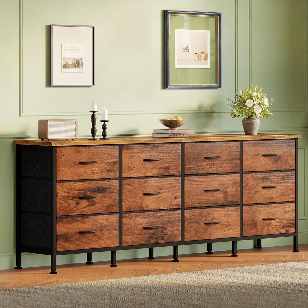 TV Stand for Bedroom with Storage TV Stands for Living Room Rustic, 12 Drawer Dresser Farmhouse Entertainment Center for up to 80 Inch TVs, Media Console Table with Metal Frame Adjustable Feet