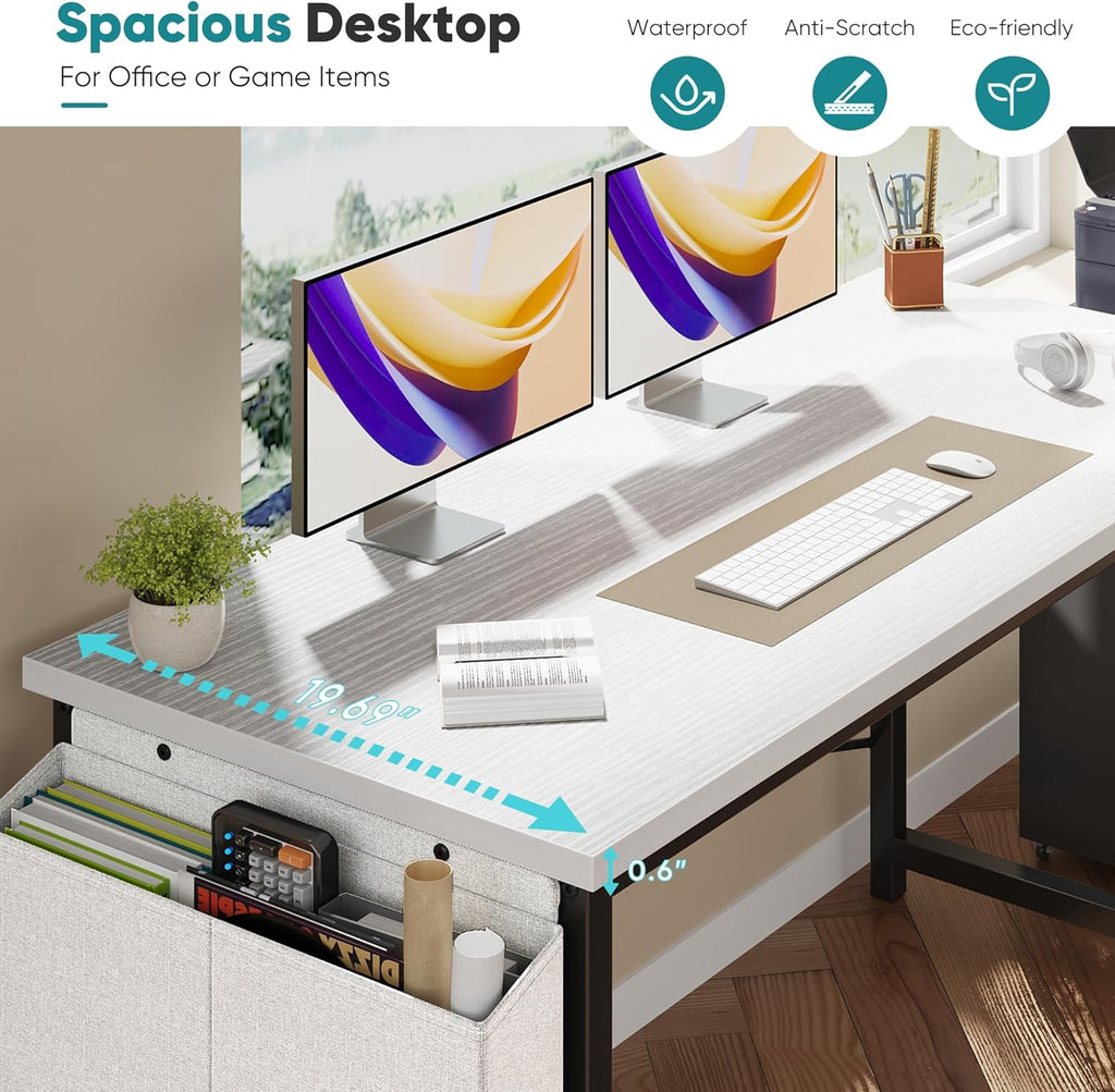 Computer Desk 55 Inch Home Office Desks for Small Spaces, Gaming Writing Study Work Table with Storage Bag and Headphone Hook for Bedroom, White