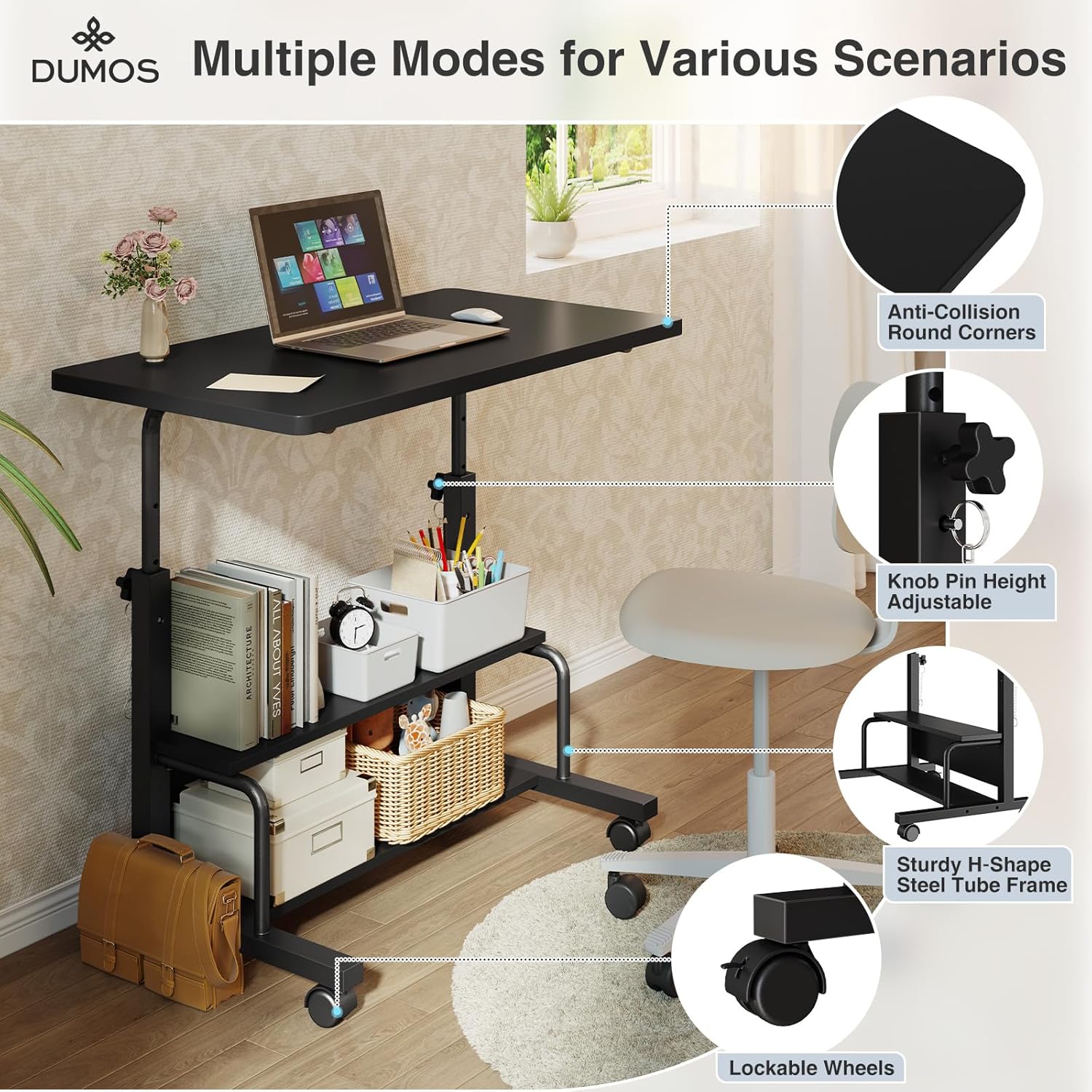 31.5 Manual Standing Desk, Height Adjustable Mobile Computer Desk with Lockable Wheels & 2-Tier Storage, Rolling Laptop Table for Small Spaces & Home Office, Black