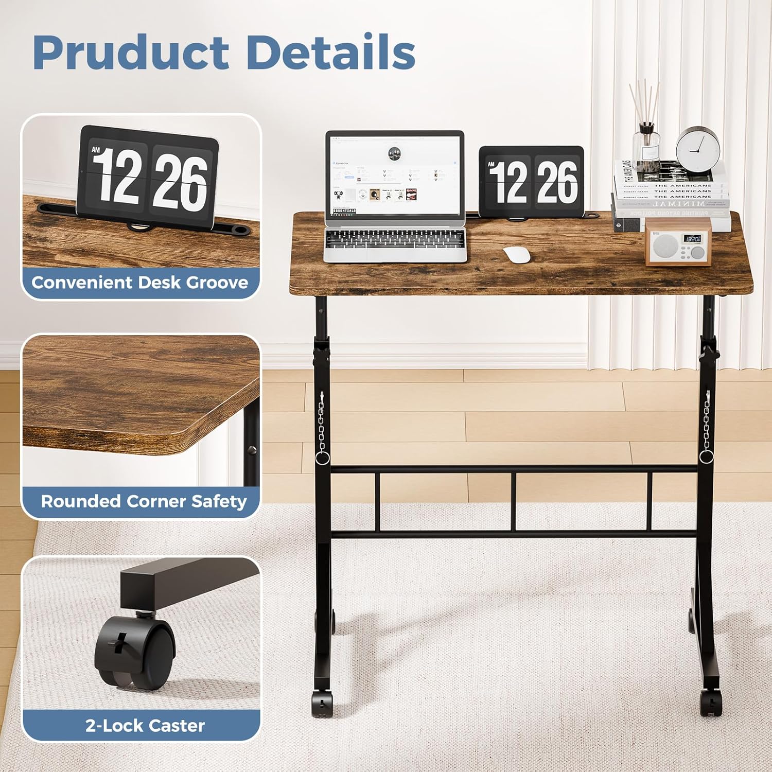 31.5 Adjustable Height Mobile Desk with Locking Wheels & Pin-Lock, Portable Workstation for Walking Pad & Active Home Office, Rustic Brown