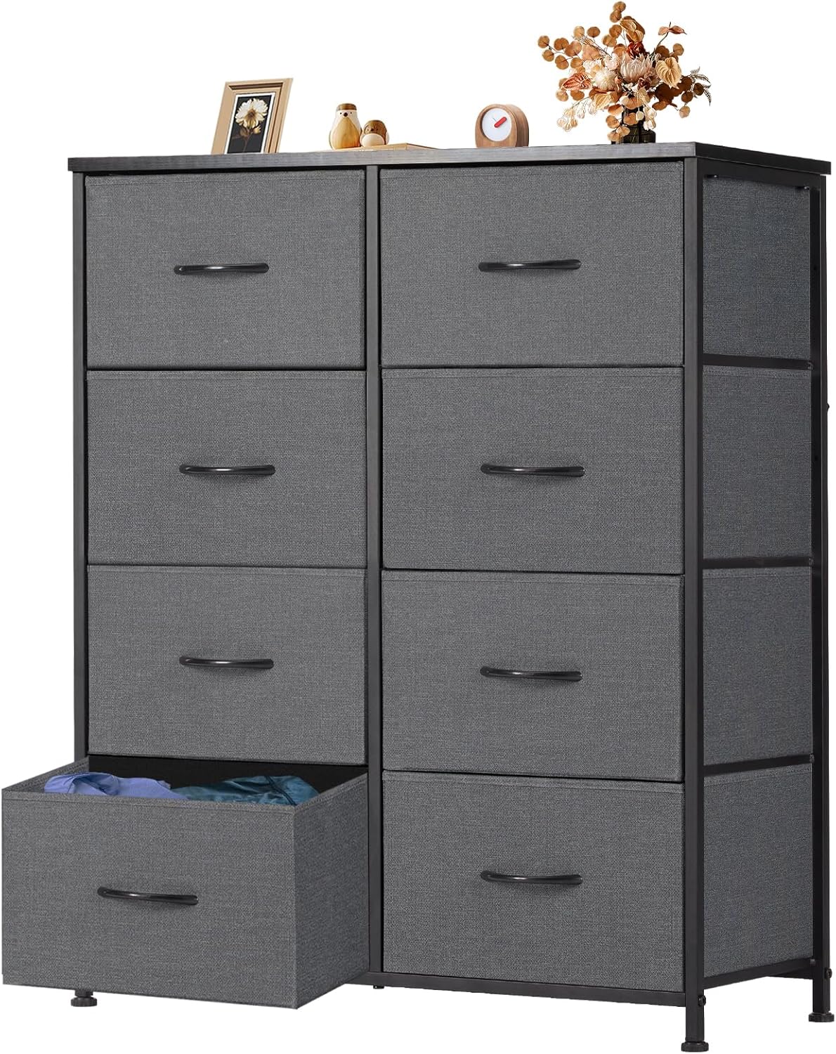 8 Drawer Dresser for Bedroom, Wide Fabric Storage Tower with Wooden Top and Metal Frame, Closet Chest Organizer Furniture, Living Room Hallway, Black
