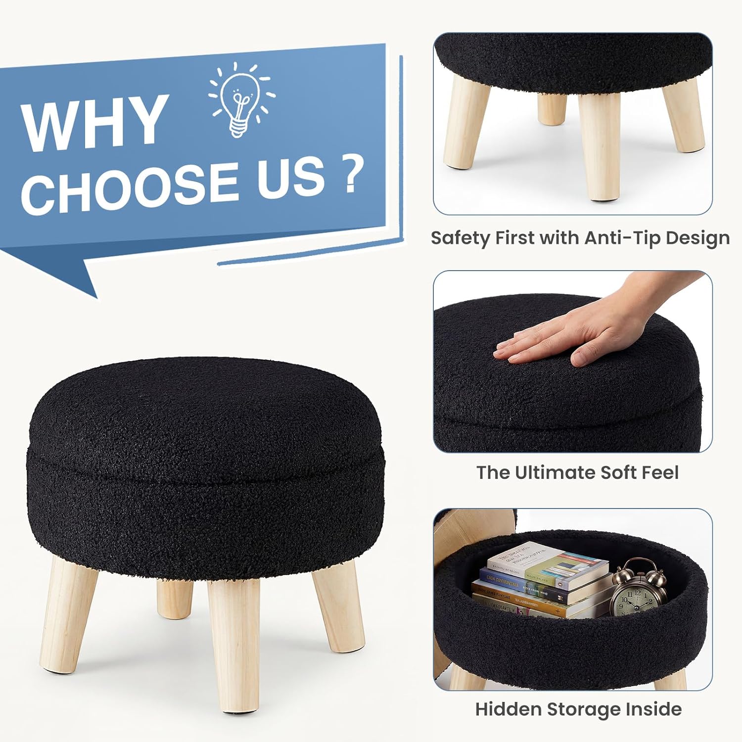 Round Storage Ottoman with Reversible Tray Lid, Multi-Functional Footrest, Teddy Velvet Footstool with Wood Legs, Small Coffee Table for Living Room, Bedroom, Black