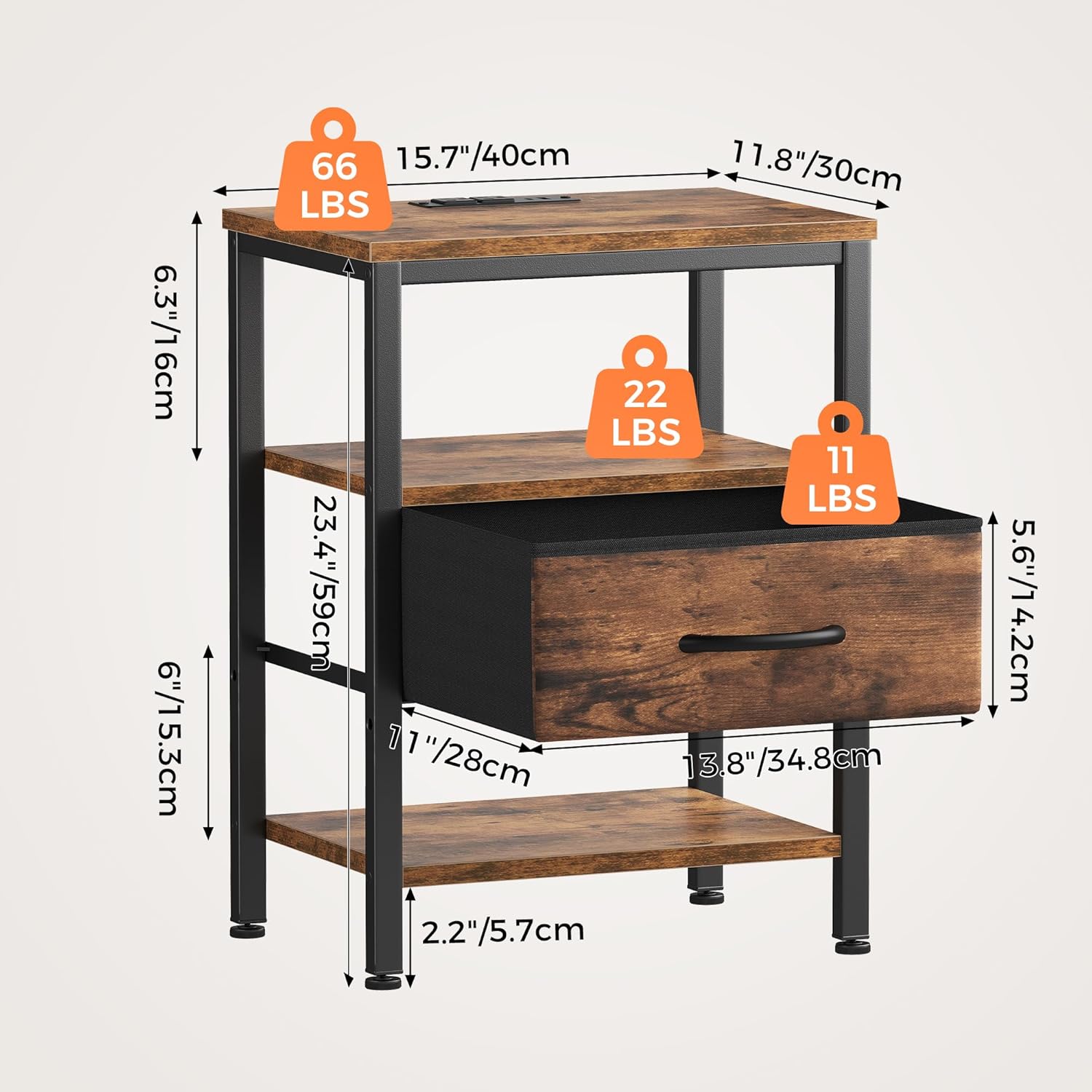 Nightstands Set of 2 with Charging Station, Bedside Table with USB Ports & Type-C, 2 Fabric Drawers Night Stand with Open Shelf, Compact End Table for Bedroom, Rustic Brown