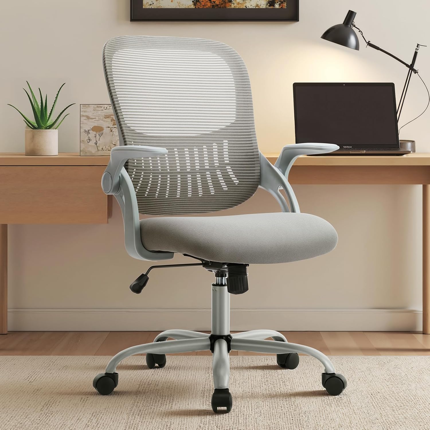 Home Office Managerial Executive Chair, Ergonomic Mesh Adjustable Swivel Mid-Back Chair with, Flip-up Arms, Comfortable Lumbar Support, Comfy Arms for Bedroom,Study,Student, Grey