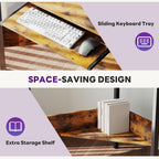 Conner Desk Home Office Computer Desk for Small Space with Storage Shelves Power Outlets Monitor Stand Keyboard Tray for Bedroom with LED Lights Gaming Table, Rustic Brown