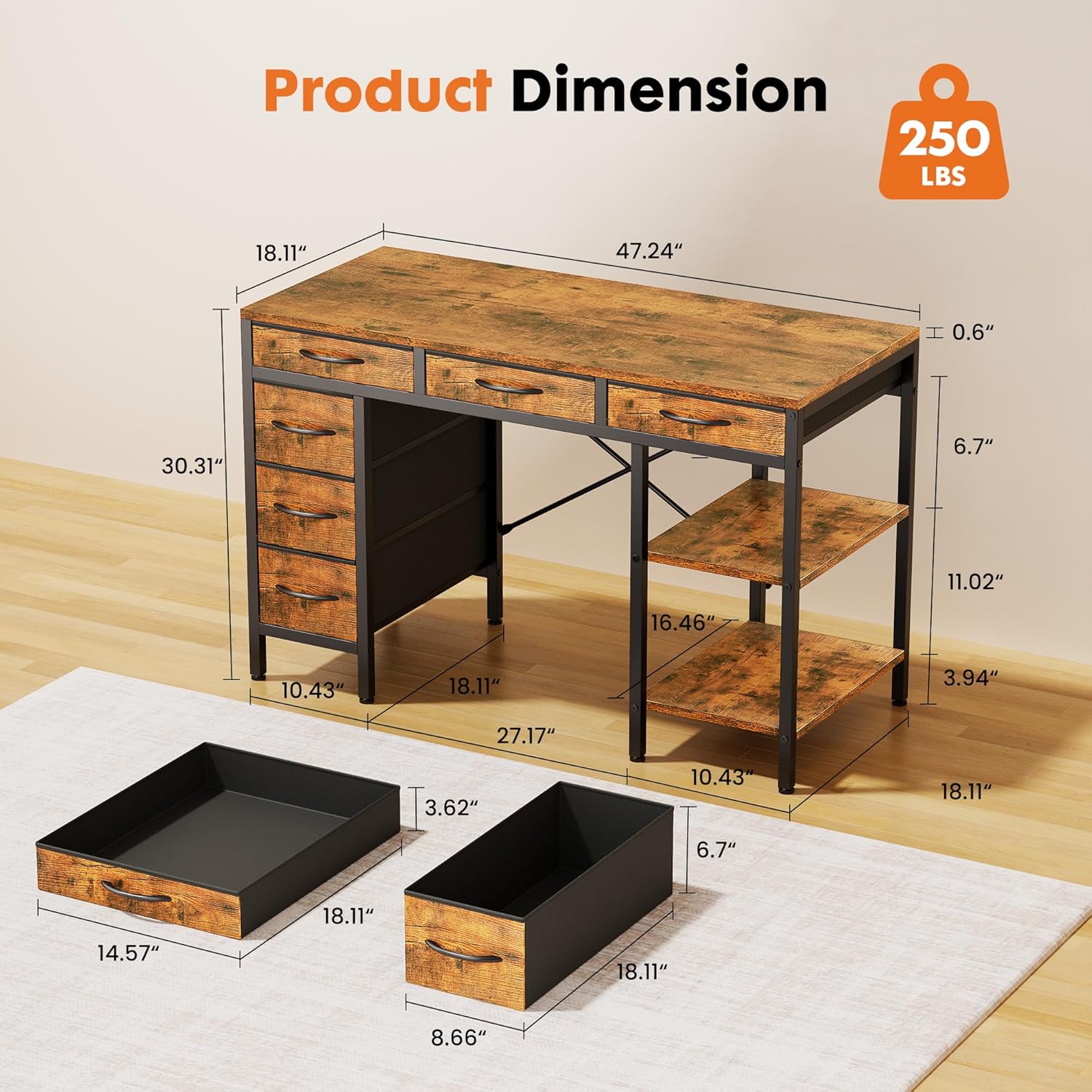 47 Computer Desk with 6 Drawers, Home Office Gaming Desks with Storage Shelves for Bedroom, Writing Study Corner Living Room Work Table Rustic Brown