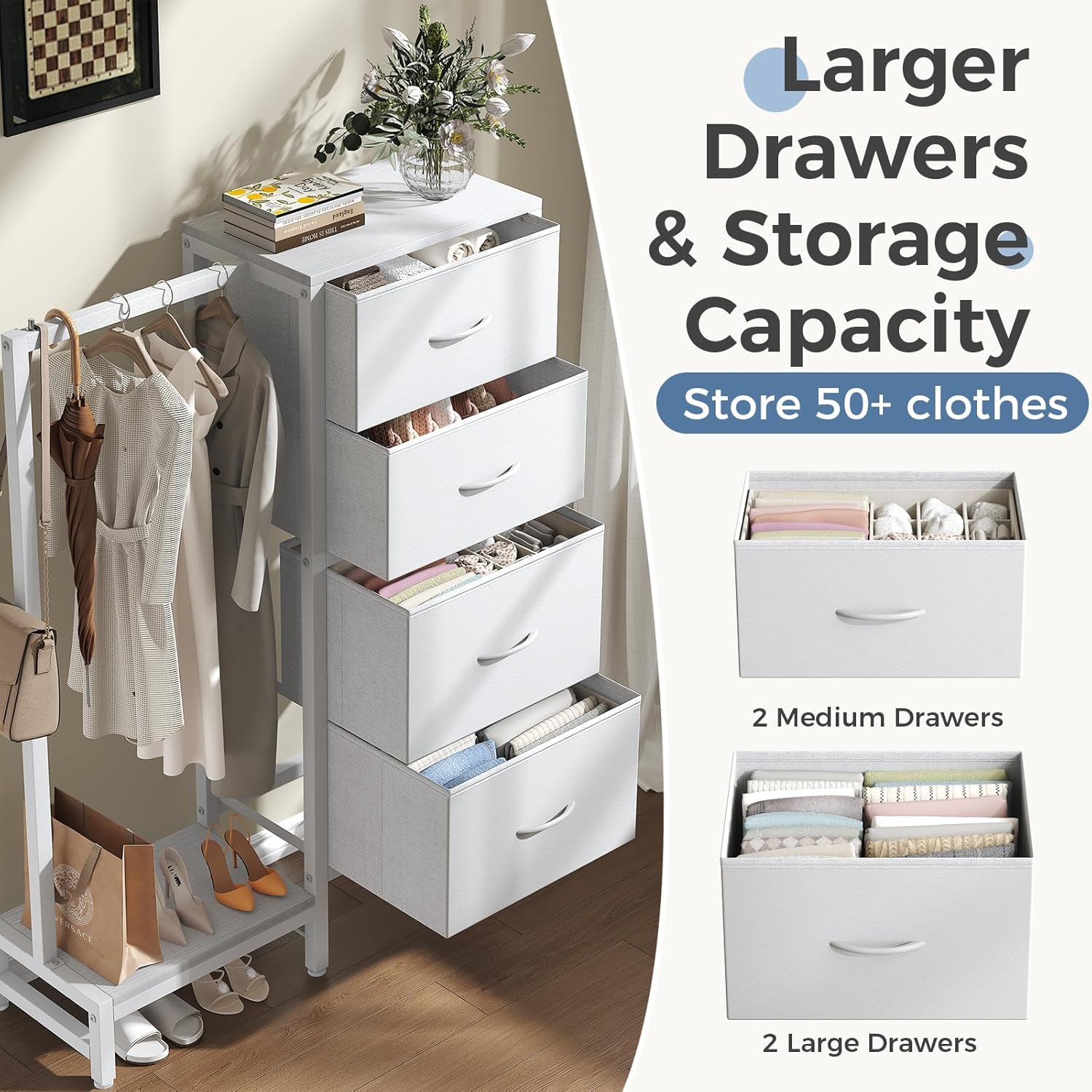Dresser with Hanging Rack, 4-in-1 White Fabric Dresser for Bedroom, Closet Organizer with Clothes Rack, Shoe Rack & Hooks, Tall Storage Tower for Small Spaces, Apartment, Dorm, Entryway