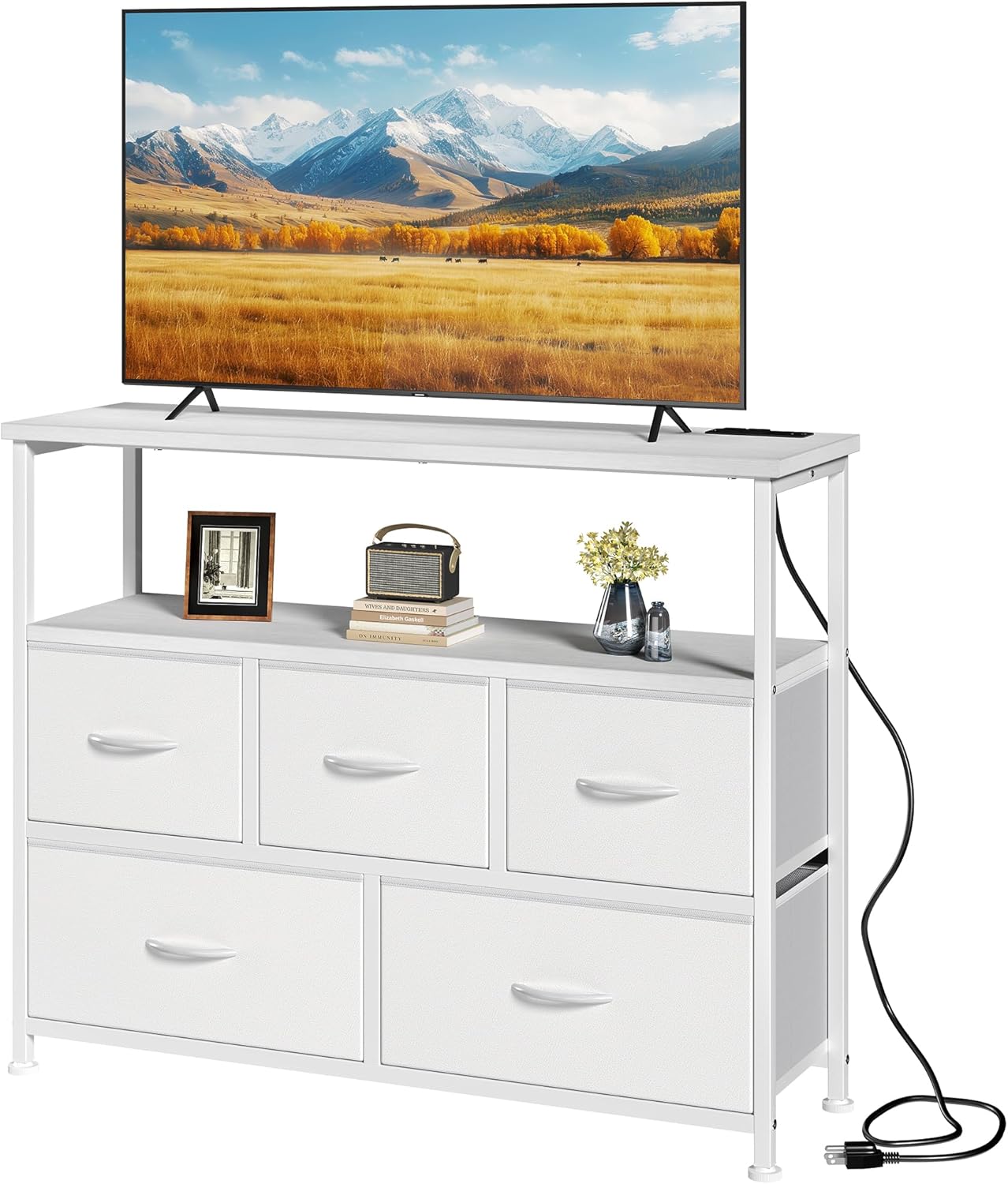 TV Stand, Dresser with 5 Fabric Storage Drawers, Media Console Featuring Open Shelf for TV, Compact Entertainment Unit for Bedroom, Living Space, or Dorm Organization, Grey