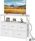 TV Stand, Dresser with 5 Fabric Storage Drawers, Media Console Featuring Open Shelf, Fabric Storage Cabinet with Charging Station, Compact Entertainment Unit for Bedroom, Living Room, White