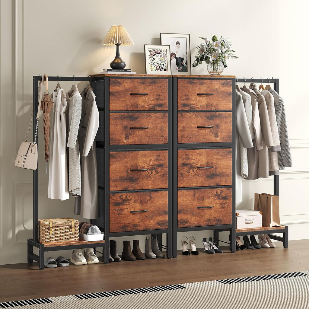 Dresser with Hanging Rack, 4-in-1 Fabric Dresser for Bedroom, Closet Organizer with Clothes Rack, Shoe Rack & Hooks, Tall Storage Tower for Small Spaces, Apartment, Dorm, Rustic Brown