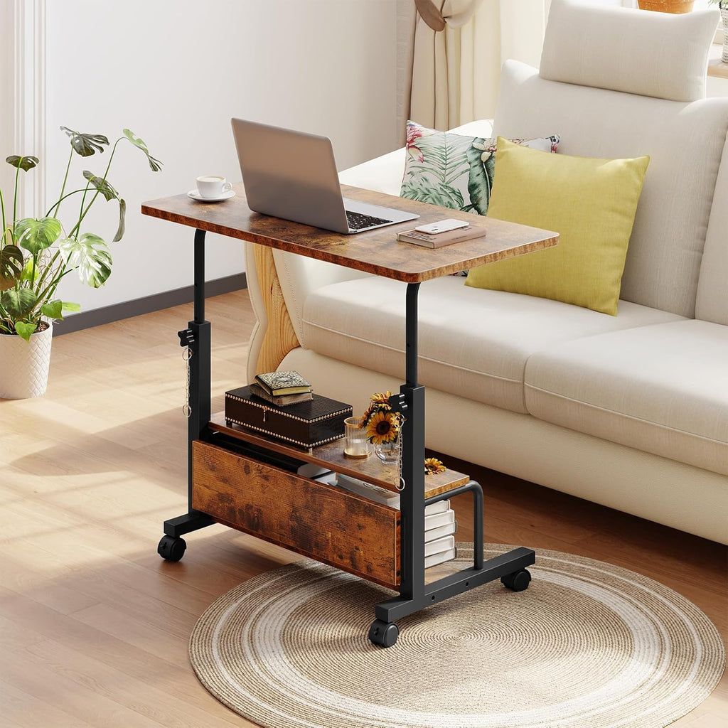 31.5 Manual Standing Desk, Height Adjustable Mobile Computer Desk with Lockable Wheels & 2-Tier Storage, Rolling Laptop Table for Small Spaces & Home Office, Rustic Brown
