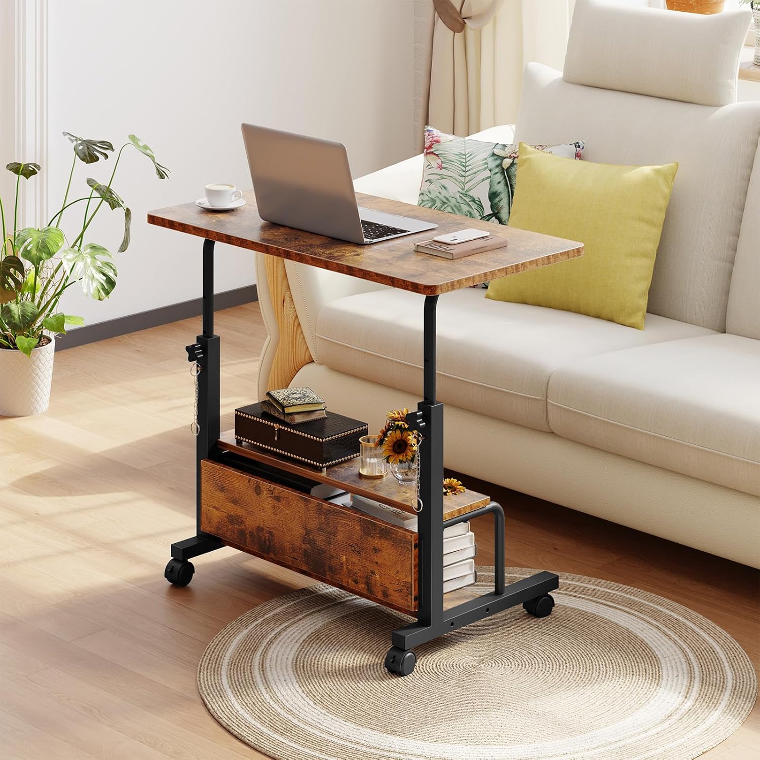 31.5 Manual Standing Desk, Height Adjustable Mobile Computer Desk with Lockable Wheels & 2-Tier Storage, Rolling Laptop Table for Small Spaces & Home Office, Rustic Brown