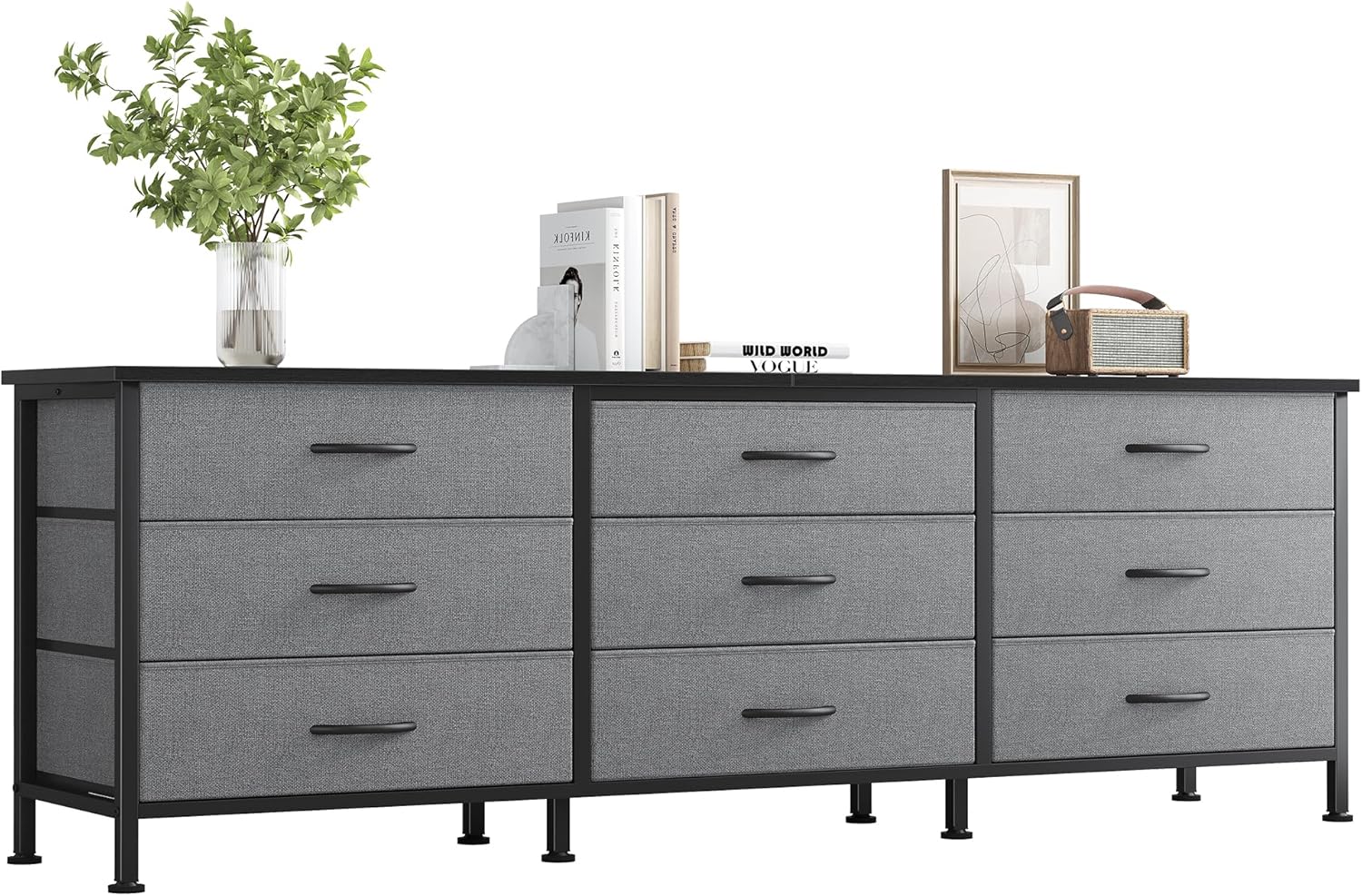 TV Stand 7 Drawer Dresser for Bedroom with Storage TV Stands for Living Room Grey, Farmhouse Entertainment Center Media Console Table with Metal Frame Adjustable Feet