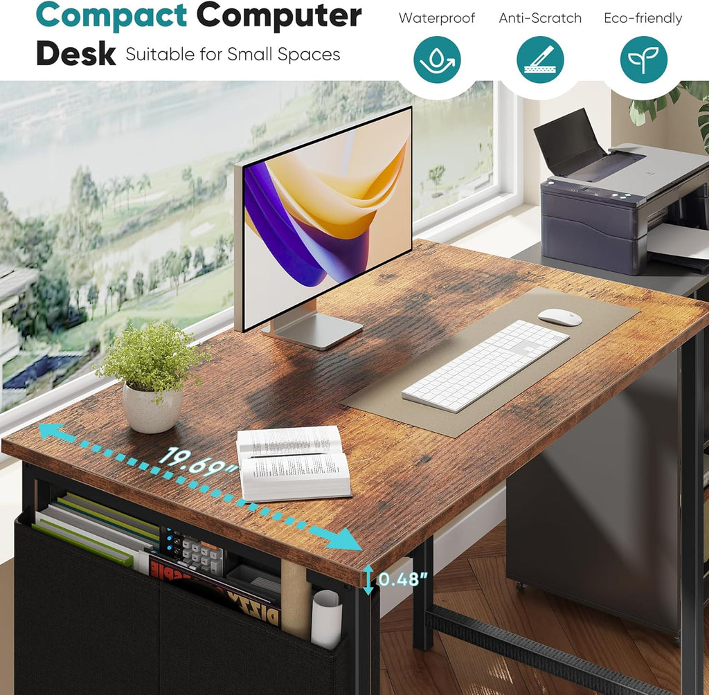 Computer Desk 40 Inch Home Office Desks for Small Spaces, Gaming Writing Study Work Table with Storage Bag and Headphone Hook for Bedroom, Rustic Brown