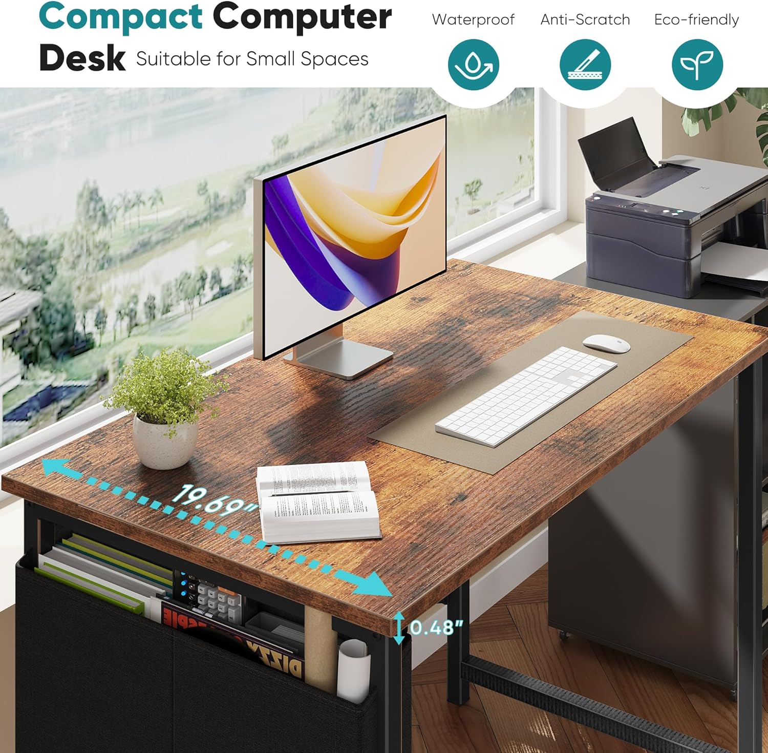 Computer Desk 40 Inch Home Office Desks for Small Spaces, Gaming Writing Study Work Table with Storage Bag and Headphone Hook for Bedroom, Rustic Brown
