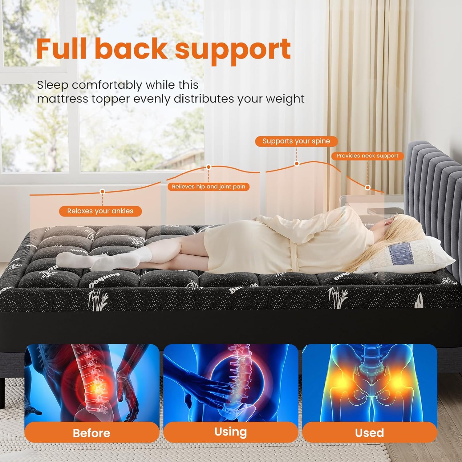 Ultra Soft Mattress Topper Full Size - Viscose Made from Bamboo Pillow Top Mattress Pad for Breathable Cooling & Back Pain Relief, Deep Pocket Comfort Bed Topper, Black