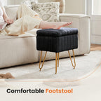 Vanity Stool Chair, Ottoman with Storage, Makeup Cute Soft Small Footstool, Modern Style Faux Fur Seat with 4 Metal Legs & Adjustable Feet for Dressing, Living Room, Bedroom, Dorm, Black