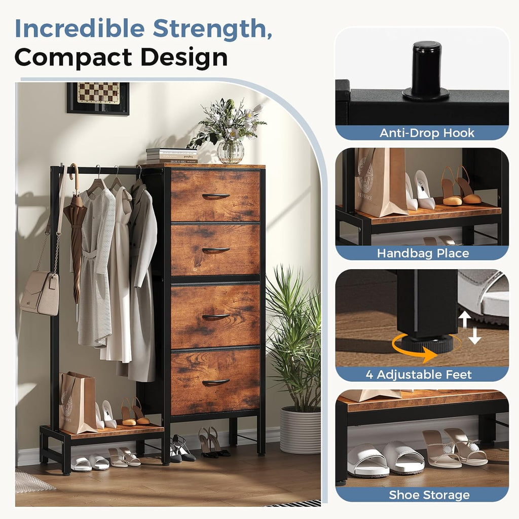 Dresser with Hanging Rack, 4-in-1 Fabric Dresser for Bedroom, Closet Organizer with Clothes Rack, Shoe Rack & Hooks, Tall Storage Tower for Small Spaces, Apartment, Dorm, Rustic Brown