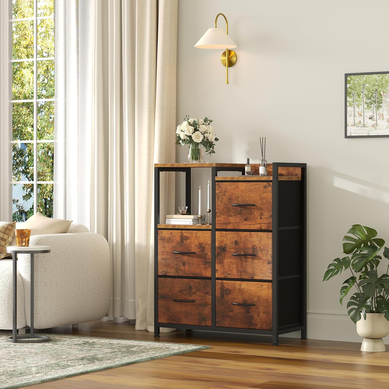 5 Drawer Fabric Dresser with Side Cabinet & Open Shelf, Storage Organizer Tower with Raised Top, Chest of Drawers for Bedroom, Closet, Hallway, Entryway & Living Room, Rustic Brown