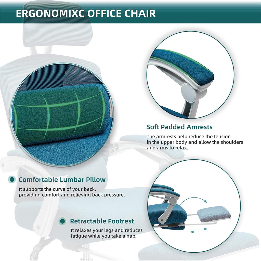 Home Office Desk Chair with Footrest, High-Back Mesh Rolling Swivel Reclining Chairs with Wheels, Comfortable Headrest, Lumbar Support, Comfy Arms for Home, Office, Gaming, Student, Elegant Blue