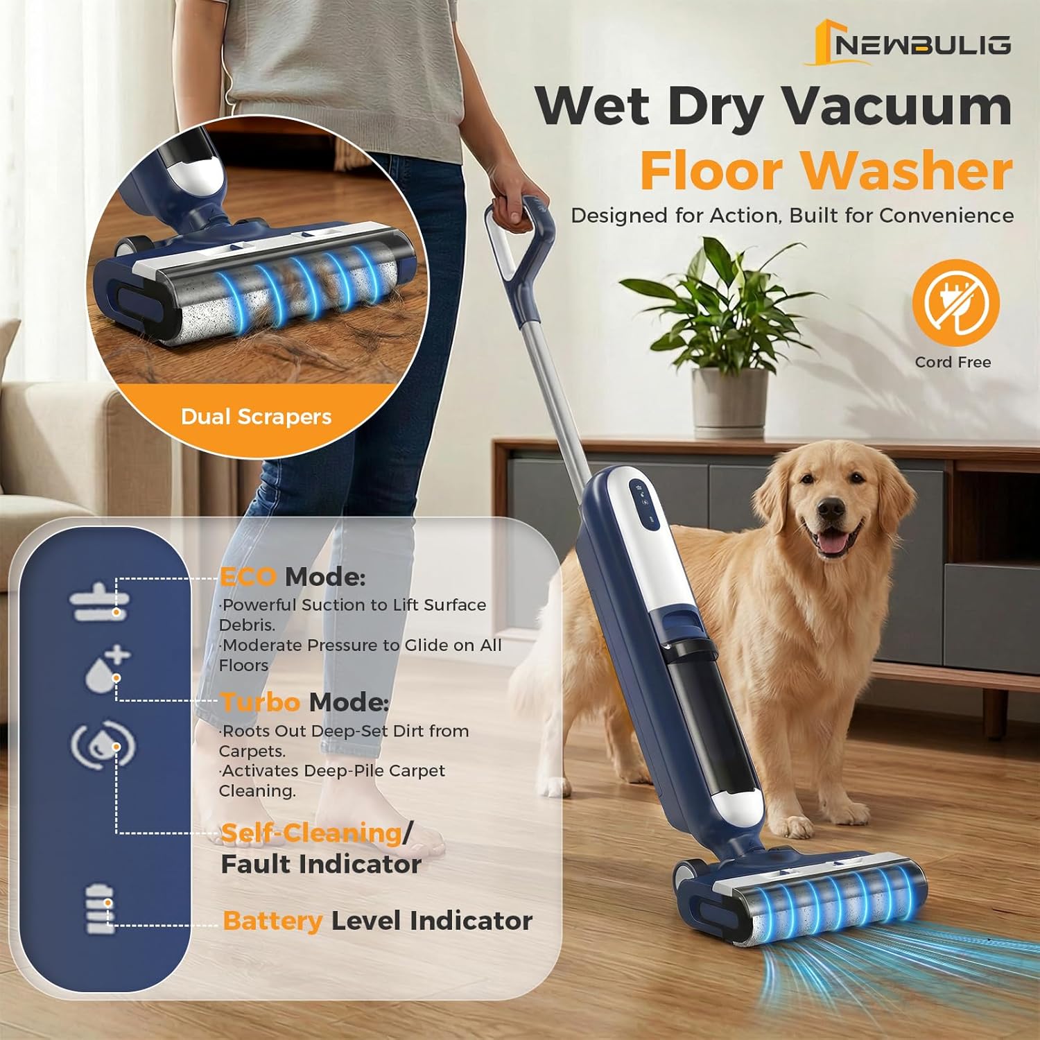 Wet Dry Vacuum Cleaner, Cordless All-in-One Vac Mops, Vacuum Mop with Self-Cleaning System, Dual Water Tank Design, Tangle-Free Brush, Dual-Edge Cleaning, 35-Min Runtime
