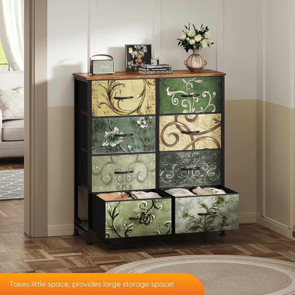 TV Stand Dresser with 8 Fabric Storage Drawers, Media Console Featuring Open Shelf for 45 inch TV, Compact Entertainment Unit for Bedroom, Living Space, or Dorm Organization, Flower Pattern