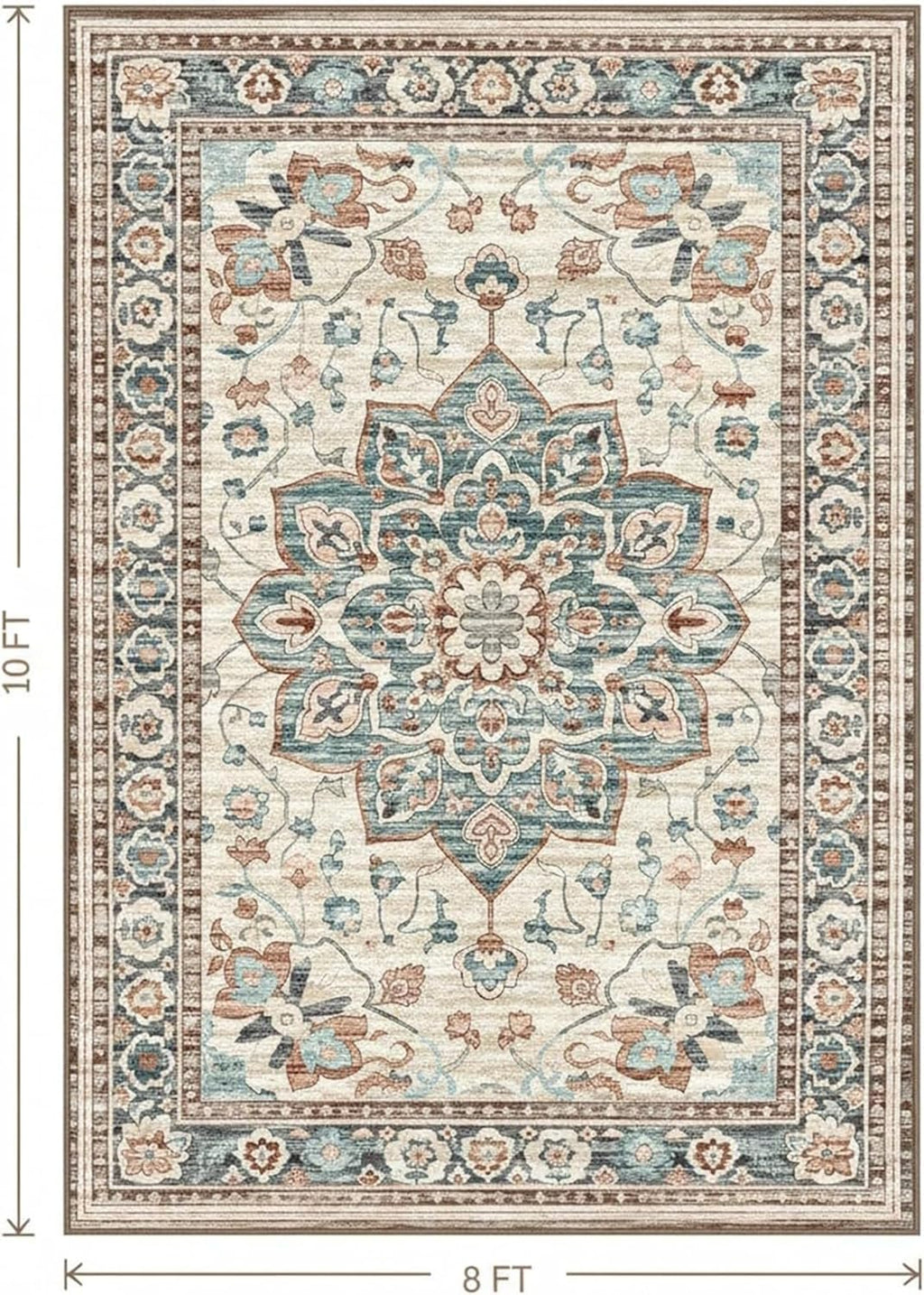 8x10 FT Large Area Rug for Living Room, Machine Washable Low-Pile Rug with Non-Slip Backing, Durable Edge Binding for Bedroom, Dining Room, Vintage Brown