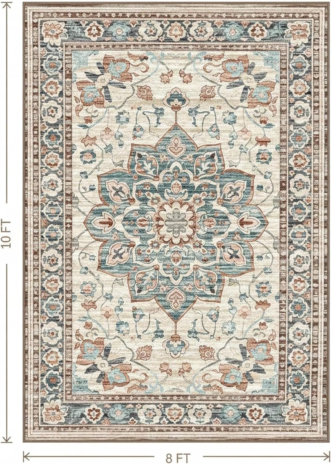 8x10 FT Large Area Rug for Living Room, Machine Washable Low-Pile Rug with Non-Slip Backing, Durable Edge Binding for Bedroom, Dining Room, Vintage Brown