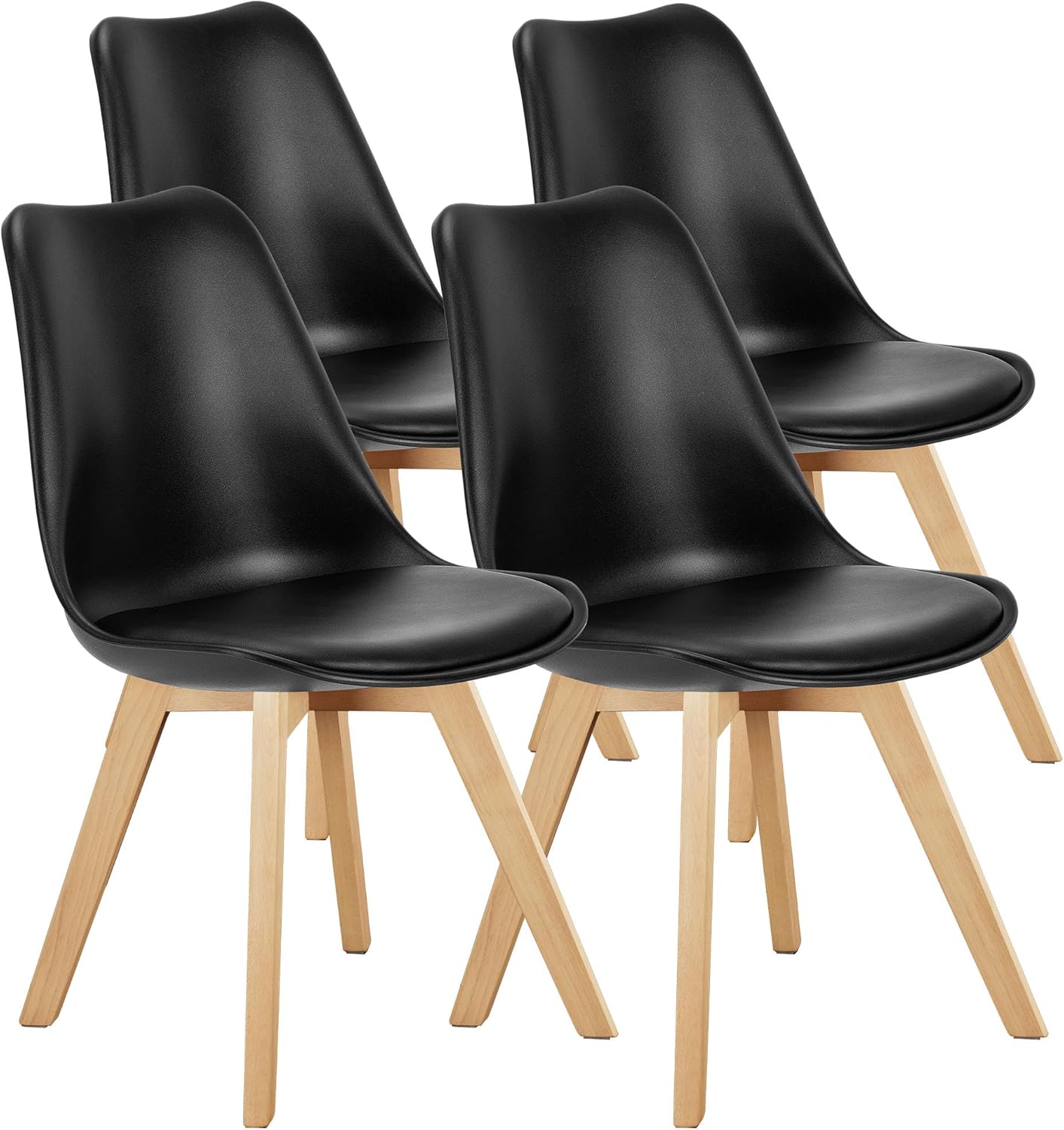 Modern Dining Chairs Set of 4, PU Leather Upholstered Kitchen Chairs with Wood Legs, Mid Century Accent Chairs for Living Room, Bedroom, Outdoor Lounge, White