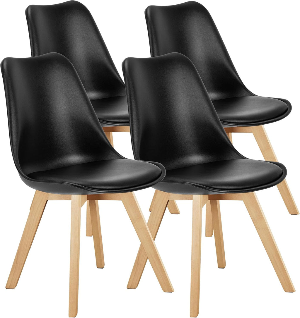 Modern Dining Chairs Set of 4, PU Leather Upholstered Kitchen Chairs with Wood Legs, Mid Century Accent Chairs for Living Room, Bedroom, Outdoor Lounge, Black