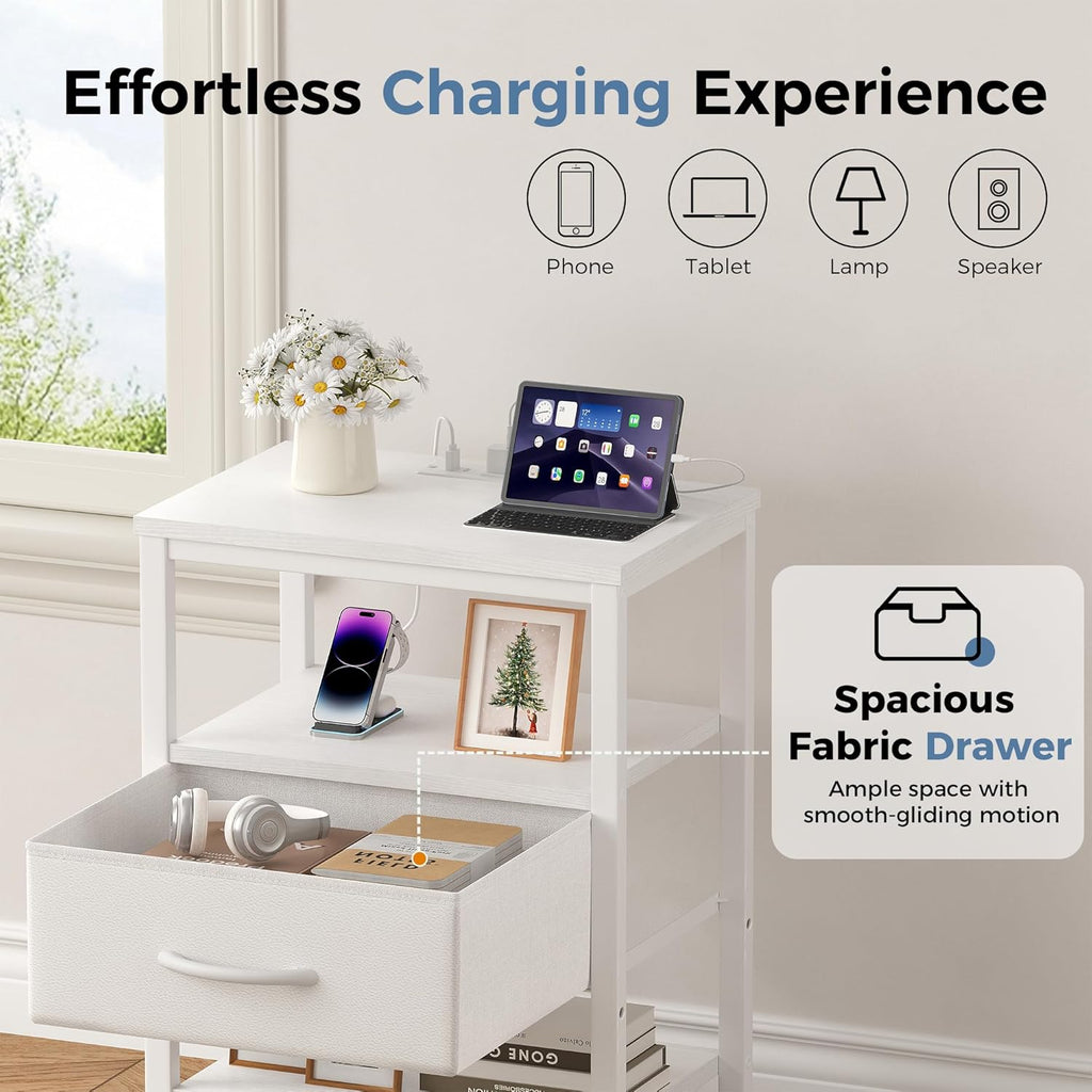 Nightstands Set of 2 with Charging Station, Bedside Table with USB Ports & Type-C, 2 Fabric Drawers Night Stand with Open Shelf, Compact End Table for Bedroom, Rustic Brown