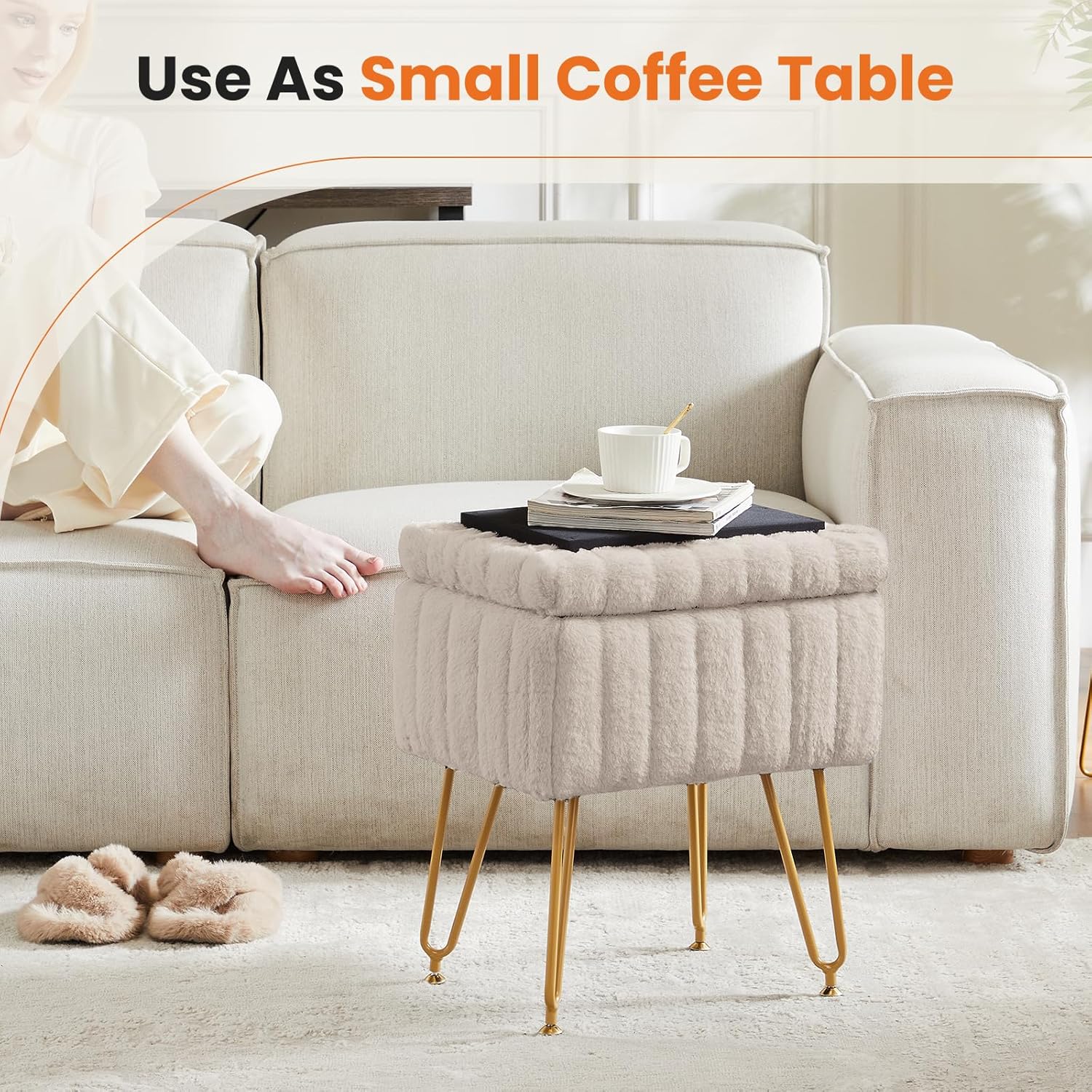Vanity Stool Chair, Ottoman with Storage, Makeup Cute Soft Small Footstool, Modern Style Faux Fur Seat with 4 Metal Legs & Adjustable Feet for Dressing, Living Room Bedroom Dorm, Camel