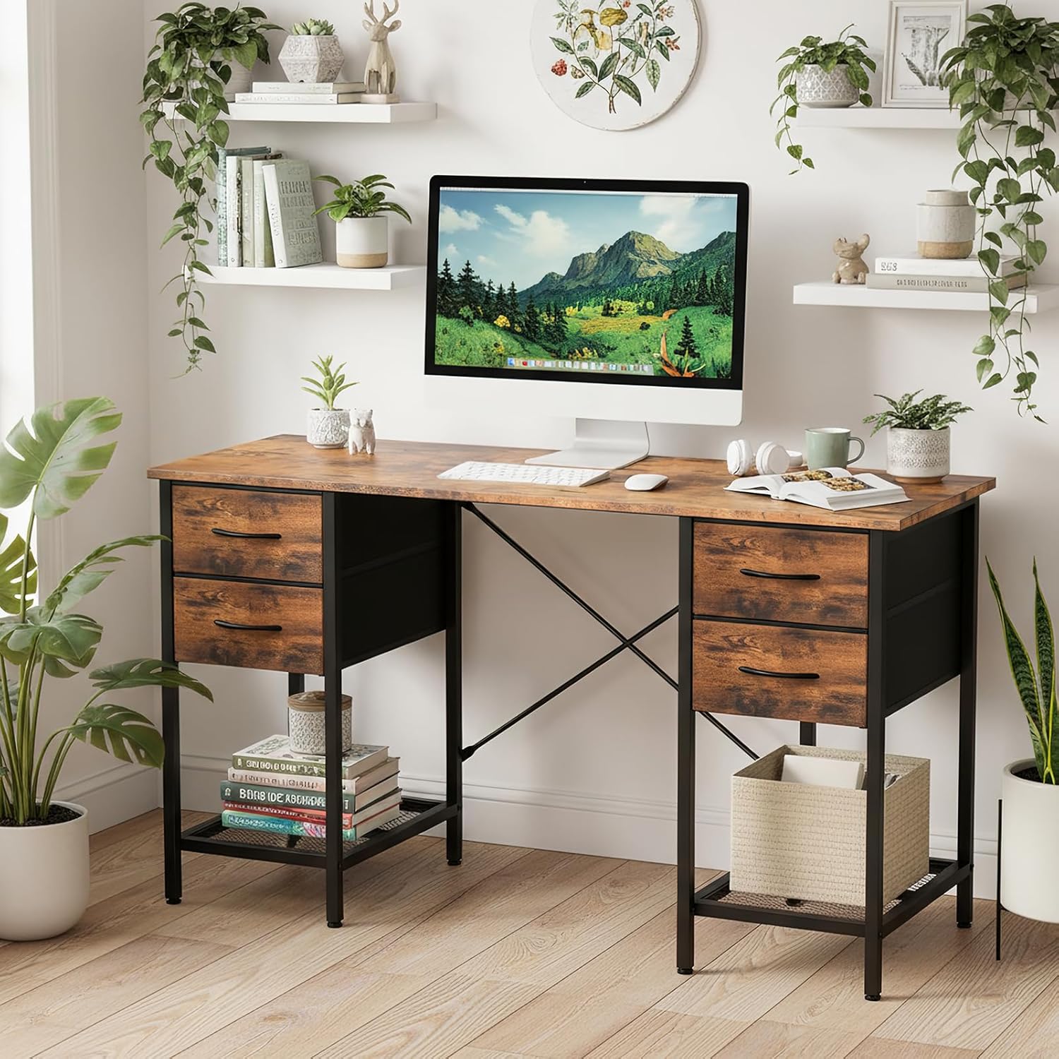Computer Desk 47 Inch with 4 Drawers Home Office Table with Mesh Shelf for Work Study Writing Gaming Storage Furniture for Bedroom, Rustic Brown