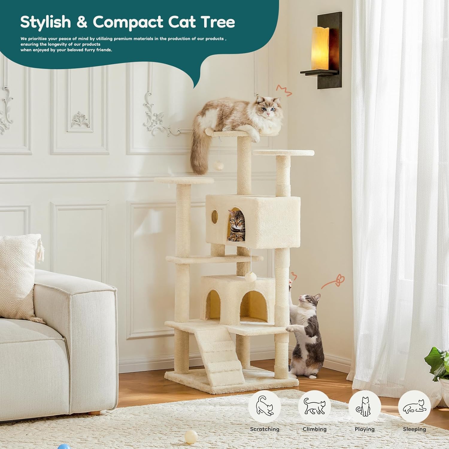54-inch Indoor Cat Tree Tower ?CMulti-Level Pet House for Large Cats with 2 Condos, Scratching Posts, Round Platform, Small Ladder, and Toys, Beige
