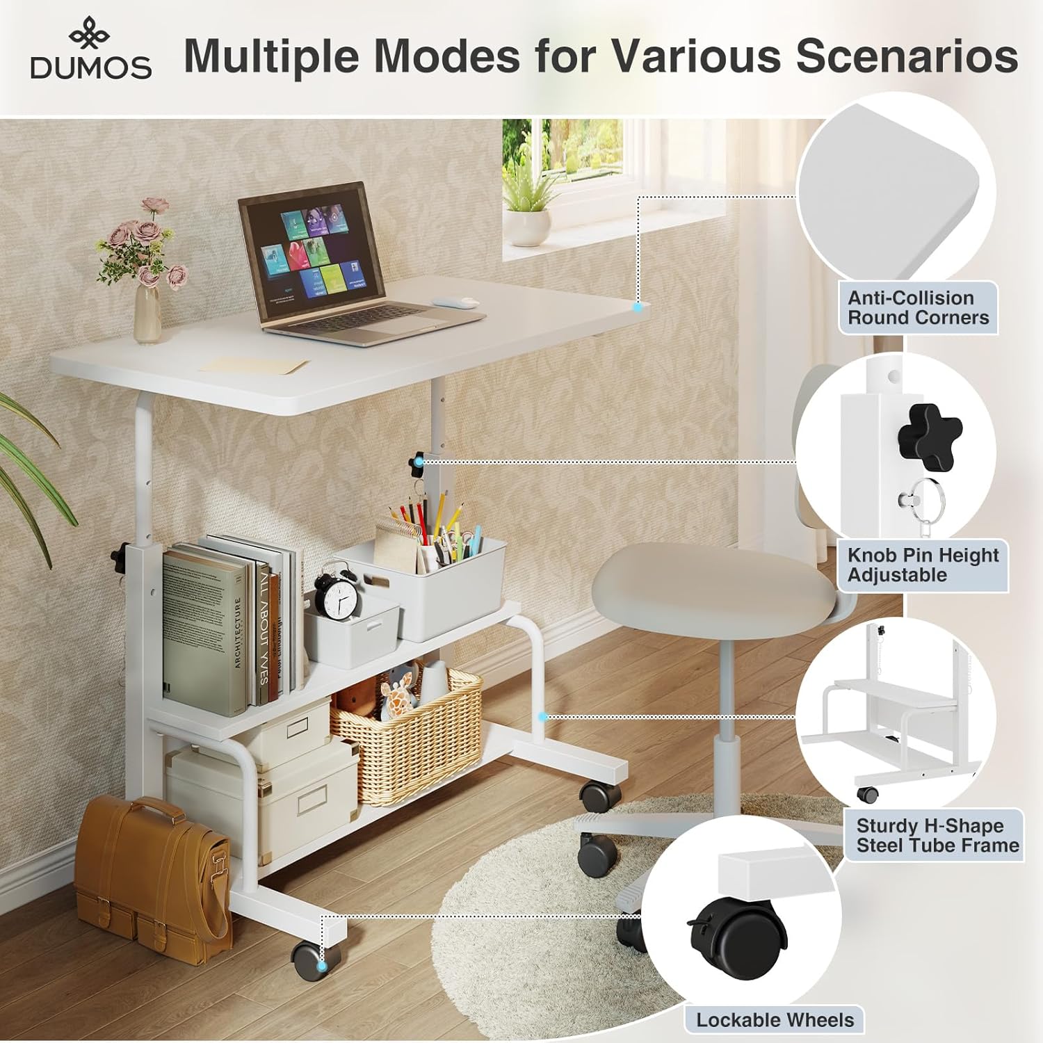 31.5 Manual Standing Desk, Height Adjustable Mobile Computer Desk with Lockable Wheels & 2-Tier Storage, Rolling Laptop Table for Small Spaces & Home Office, White