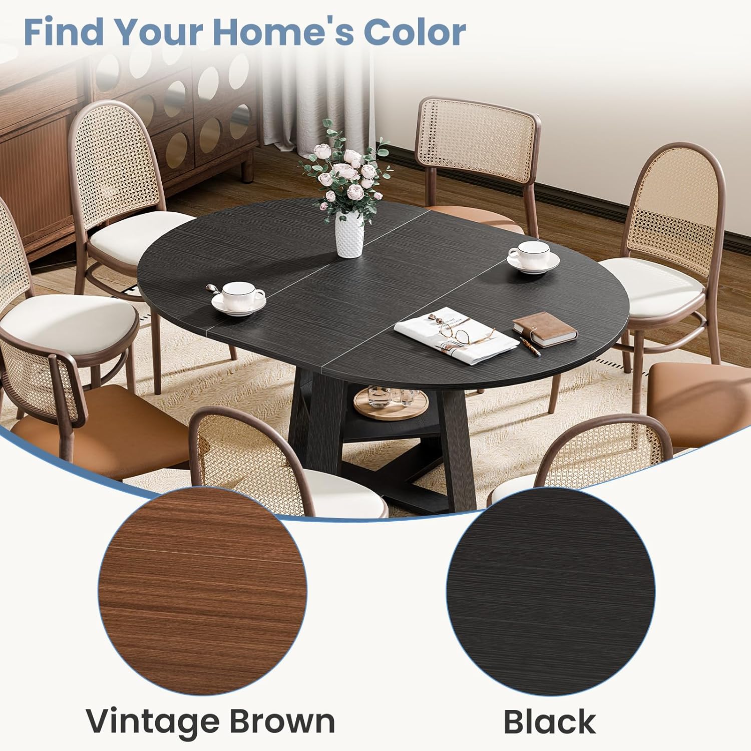 Extendable Round Dining Table for 4-8, Modern Kitchen Oval Dinner Table with Storage Shelf, Wood Pedestal Table, Space Saving Modern Style, Black