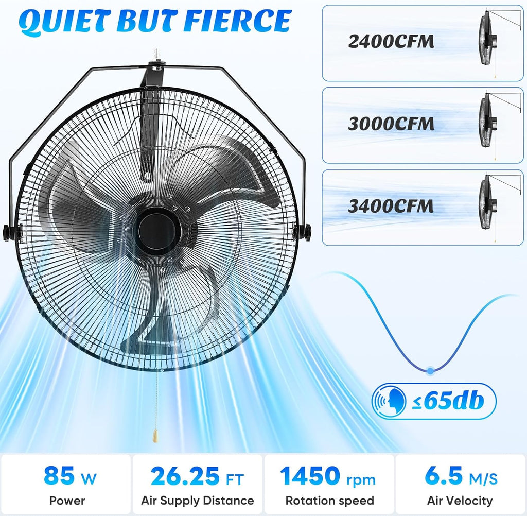 20 Inch Wall Mount Fan, 3400 CFM, 3-Speed High Velocity Fan, Vertical & Horizontal Adjustable Tilt for Industrial, Commercial, Warehouse, Greenhouse, Black