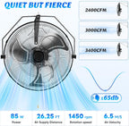 20 Inch Wall Mount Fan, 3400 CFM, 3-Speed High Velocity Fan, Vertical & Horizontal Adjustable Tilt for Industrial, Commercial, Warehouse, Greenhouse, Black