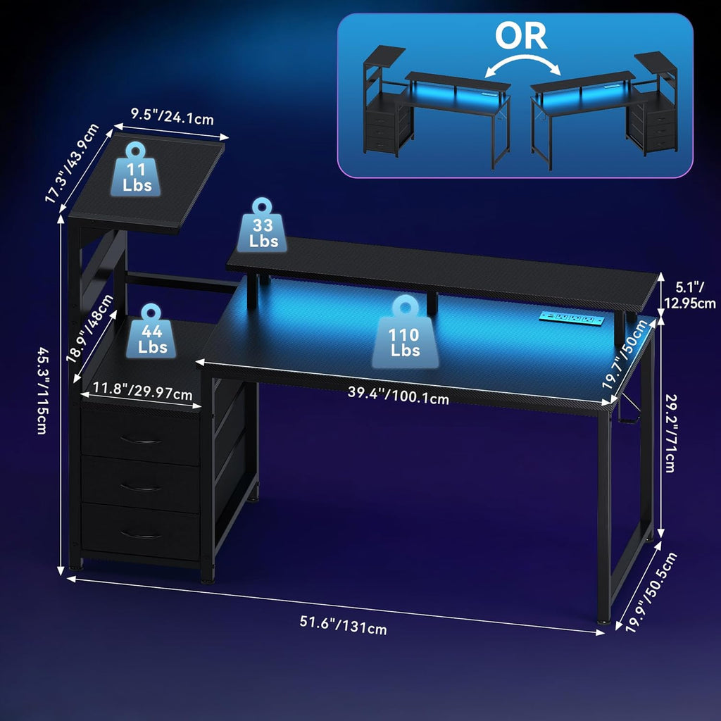 L Shaped Gaming Desk with Shelves Storage Drawers 52'', Black Computer Desks with LED Lights Power Outlets, Office Wood Table with PC Stand Cable Management for Bedroom Dual Monitor Streaming