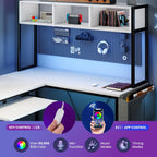 L Shaped Gaming Desk 67, Reversible Computer Desk with LED Lights, Corner Desk for Small Spaces with Keyboard Tray & Storage Shelf, Metal Frame PC Gaming Table for Home Office Bedroom, White