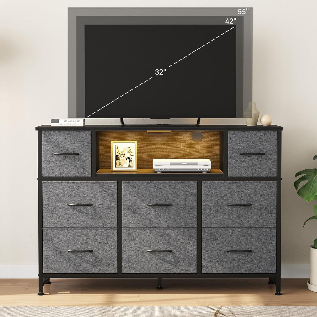TV Stand Dresser with 8 Fabric Drawers and Open Shelves, LED Entertainment Center with Charging Station, Wood Top Media Console for 45-55 inch, Bedroom, Grey