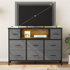 TV Stand Dresser with 8 Fabric Drawers and Open Shelves, LED Entertainment Center with Charging Station, Wood Top Media Console for 45-55 inch, Bedroom, Grey