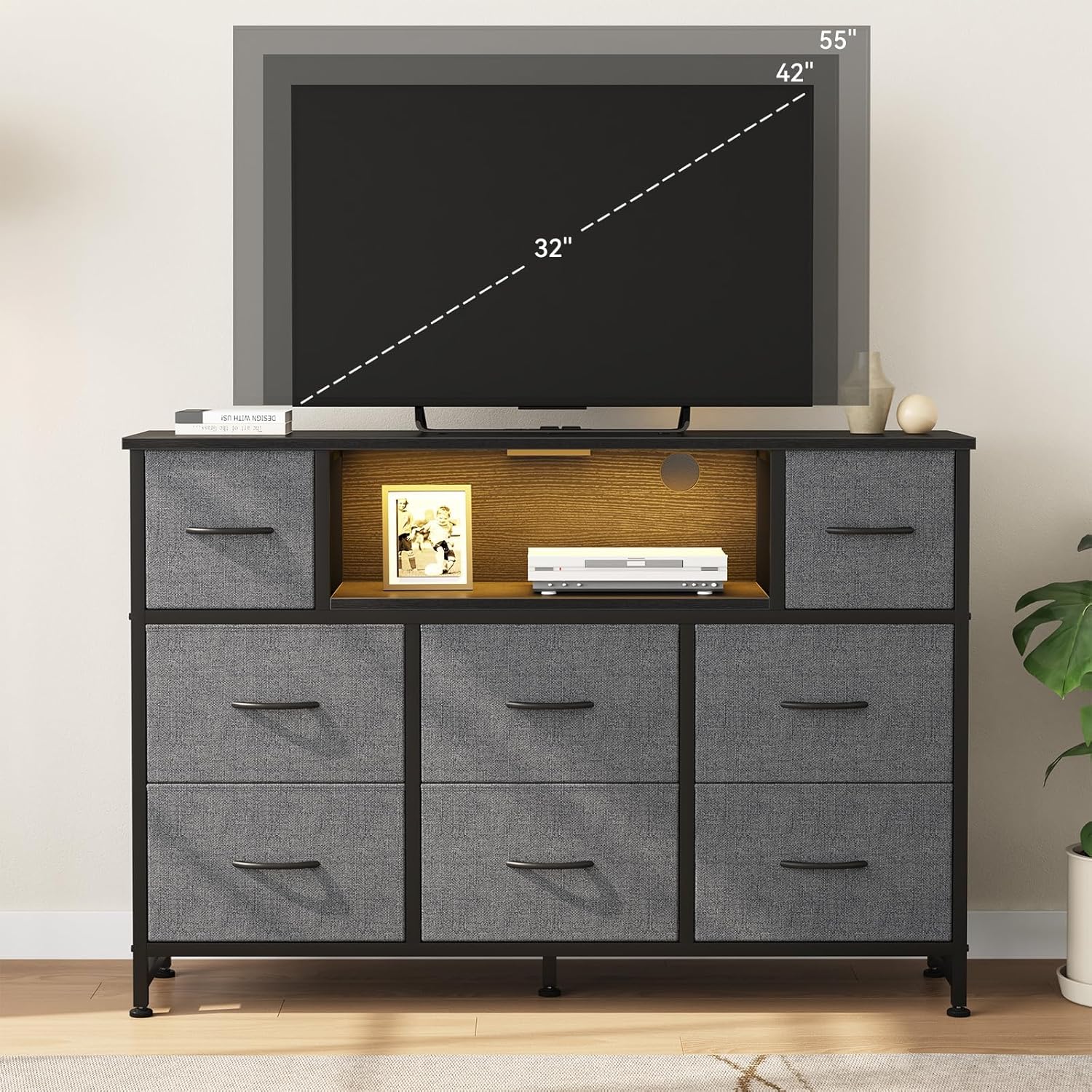 TV Stand Dresser with 8 Fabric Drawers and Open Shelves, LED Entertainment Center with Charging Station, Wood Top Media Console for 45-55 inch, Bedroom, Grey